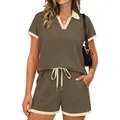 Women's two-piece sports set featuring a taupe short sleeve top and matching shorts. - S / Top And Bottom / Coffee
