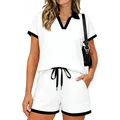 Two-piece white sporty set with black trim polo shirt and drawstring shorts for women - S / Top And Bottom / White