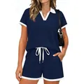 Women's two-piece navy blue sporty outfit with white trim and drawstring shorts - S / Top And Bottom / Navy Blue