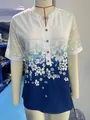 Floral print V-neck chiffon blouse with elegant white lace sleeves on mannequin - Blue (Actual Photo)