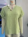 Detail view of lime green V-neck jacquard knit top with button accents on mannequin - Real Photo