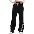 Women's loose wide-leg black sweatpants featuring white side stripes and a drawstring - S / Bottoms / Black