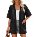 Stijlvol dames zwart doorschijnend vest met korte mouwen en zakken voor de zomerse look - S / Tops / Zwart