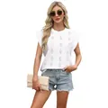 Witte jacquard top voor dames met ronde hals en ruches aan de mouwen, losse pasvorm - S / Tops / Wit