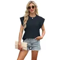 Stijlvolle dames marineblauwe mouwloze jacquardtop met ronde hals en ruitjespatroon. - S / Tops / Zwart