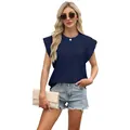 Donkerblauwe mouwloze gebreide damestop met ronde hals en stijlvol jacquardpatroon - S / Tops / Marineblauw