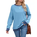 Sweatshirt ample pour femmes avec col rond bicolore et poignets côtelés en bleu clair. - Bleu