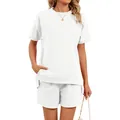 Comfortable white two-piece lounge set with short sleeve round neck top and casual shorts - S / Top And Bottom / White