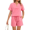 Conjunto de dos piezas para mujer camiseta rosa cuello en V y pantalones cortos - S / Top Y Pantalón / Rosa
