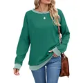 Sweatshirt femme col rond ample à manches longues avec finitions côtelées bicolores - Vert