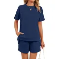 Casual women's navy blue two-piece lounge set featuring t-shirt and shorts with pockets - Navy Blue