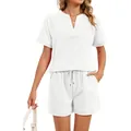 Conjunto informal de dos piezas blanco con top de manga corta y cuello en V y shorts - S / Top Y Pantalón / Blanco