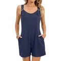 Women's stylish navy blue sleeveless romper shorts featuring metal buckles and pockets - S / Top And Bottom / Navy Blue