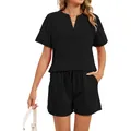 Conjunto de verano de dos piezas negro informal con top con cuello en V y pantalones - S / Top Y Pantalón / Negro