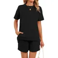 Women's casual 2-piece summer lounge set featuring black round neck t-shirt and shorts - S / Top And Bottom / Black