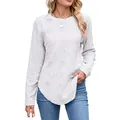 Casual wit T-shirt met lange mouwen, ronde hals, gebogen zoom en opengewerkt kabelpatroon - S / Tops / Wit
