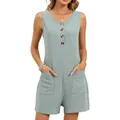 Sleeveless button-front short romper with front pockets in sage green textured knit - S / Top And Bottom / Bean Green