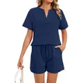 Conjunto casual de mujer con camiseta de manga corta con cuello en V azul marino - S / Top Y Pantalón / Azul marino
