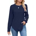 Donkerblauwe damesshirt met lange mouwen, ronde hals en modieuze gebogen zoom - S / Tops / Marineblauw