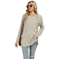 Grijze gebreide top met lange mouwen, schouderknopen en zijsplit, casual stijl. - S / Tops / Havermoutkleur