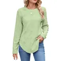 Casual lichtgroene damestop met lange mouwen, ronde hals en een mooie ronde, gebogen zoom. - S / Tops / Fluorescerend Groen
