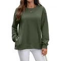 Lässiges armegrünes Rundhals-Sweatshirt für Damen mit seitlichen Schlitzen und Silberknöpfen - S / Oberteile / Grün