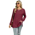 Women's burgundy crewneck raglan sleeve ribbed sweatshirt with decorative buttons - S / Tops / Burgundy