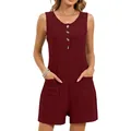 Women's sleeveless button-up romper with pockets in burgundy textured fabric - S / Top And Bottom / Burgundy