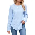 Casual light blue long sleeve knit top with diamond hollow pattern and curved hem - S / Tops / Light Blue
