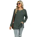 Stylish dark green round neck ribbed knit top with decorative shoulder buttons and side slit - S / Tops / Army Green