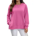 Modisches Damen Sweatshirt in Pink mit Rundhalsausschnitt und seitlichem Knopfschlitz - Fuchsia