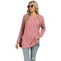 Women's pink ribbed crew neck long sleeve top with shoulder buttons and side slit - S / Tops / Pink