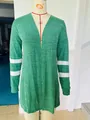 Green knit cardigan with white sleeve stripes shown on a dress form mannequin - S / Tops / Green
