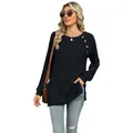 Black long sleeve ribbed sweatshirt for women with chic side slit and shoulder buttons - S / Tops / Black