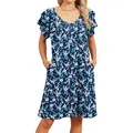 Elegante damesjurk met V-hals, bloemenprint, mouwen met ruches en handige zijzakken - S / Tops / Blauw Bloemen