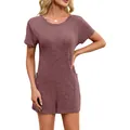 Mauve ribbed short sleeve romper with pockets for summer, relaxed beach style jumpsuit. - Fuschia