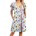 Floral V-neck dress with double ruffle sleeves and pockets, casual summer style. - White Floral
