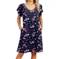 Elegante zomerse marineblauwe bloemenjurk met V-hals, ruchesmouwen en steekzakken - S / Tops / Zwart met Rode Bloemen