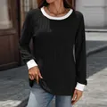 Maglione da donna a coste nero con girocollo e polsini bianchi a contrasto autunno - Taglia S / Top / Nero