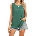Stylish round neck sleeveless green tank top with elegant pleated details for women. - Dark Green