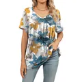 Top informal de mujer con cuello en V, estampado floral azul y amarillo y plisado - Amarillo Floral