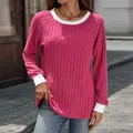 Top a maniche lunghe a costine magenta con colletto e polsini bianchi a contrasto - Taglia S / Top / Rosso rosa