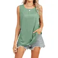 Women's casual sleeveless round neck tank top with front pleated details in green - Bean Green