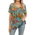 Camiseta de verano para mujer con cuello en V, estampado tropical y ajuste holgado - S / Tops / Flor de Hoja