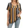 Camiseta holgada con cuello en V para mujer con estampados geométricos naranja y negro - S / Tops / Rayas de Lunares