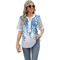 Elegant women's V-neck floral chiffon top with stylish lace mesh sleeves for spring 2025 - Leaf Flower