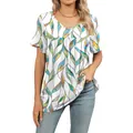 Camiseta de verano con cuello en V para mujer, estampado de hojas y corte holgado plisado - S / Tops / Flor de Ola