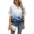 Women's V-neck floral print chiffon blouse with lace sleeves and gradient blue finish - S / Tops / Blue