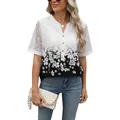 Stylish V-neck floral chiffon blouse with elegant lace sleeves in black and white - S / Tops / Black