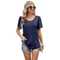 Dames T-shirt in marineblauw met ronde hals, geplooide voorkant en korte mouwen - S / Tops / Marineblauw